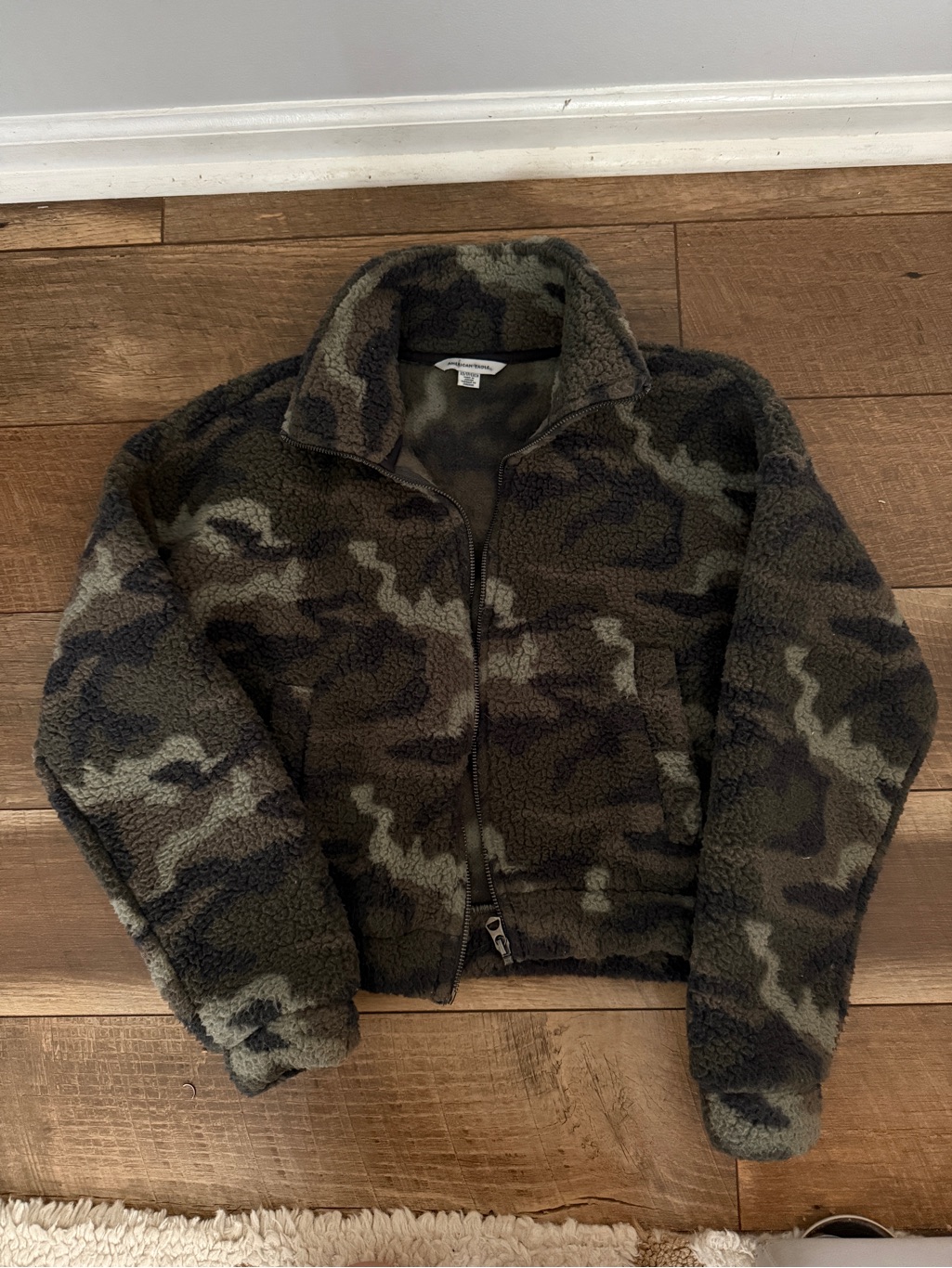 American Eagle Camo Sherpa Zip Jacket - Olive & Black